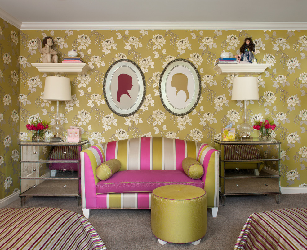 This is an example of a transitional kids' room for girls in Detroit with carpet and multi-coloured walls.