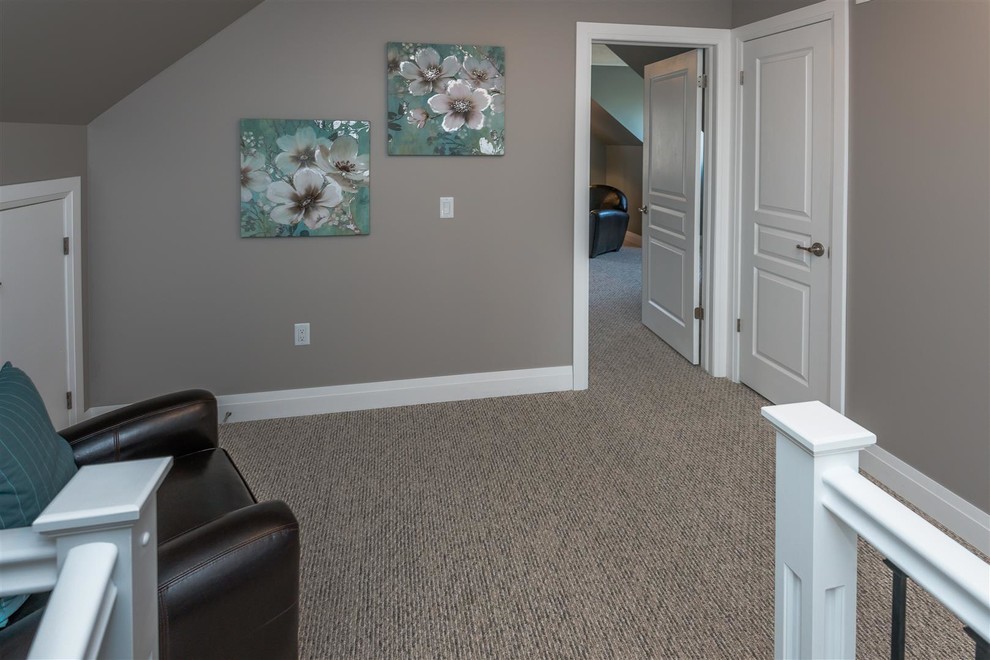 Hallway - mid-sized transitional carpeted and beige floor hallway idea with gray walls