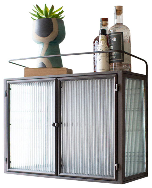 Rustic Metal Wall Vintage Style Ribbed Glass Double Doors Bar