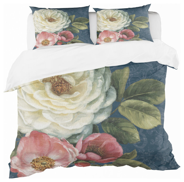 White And Pink Damask Rose Flowers Duvet Cover Set Contemporary