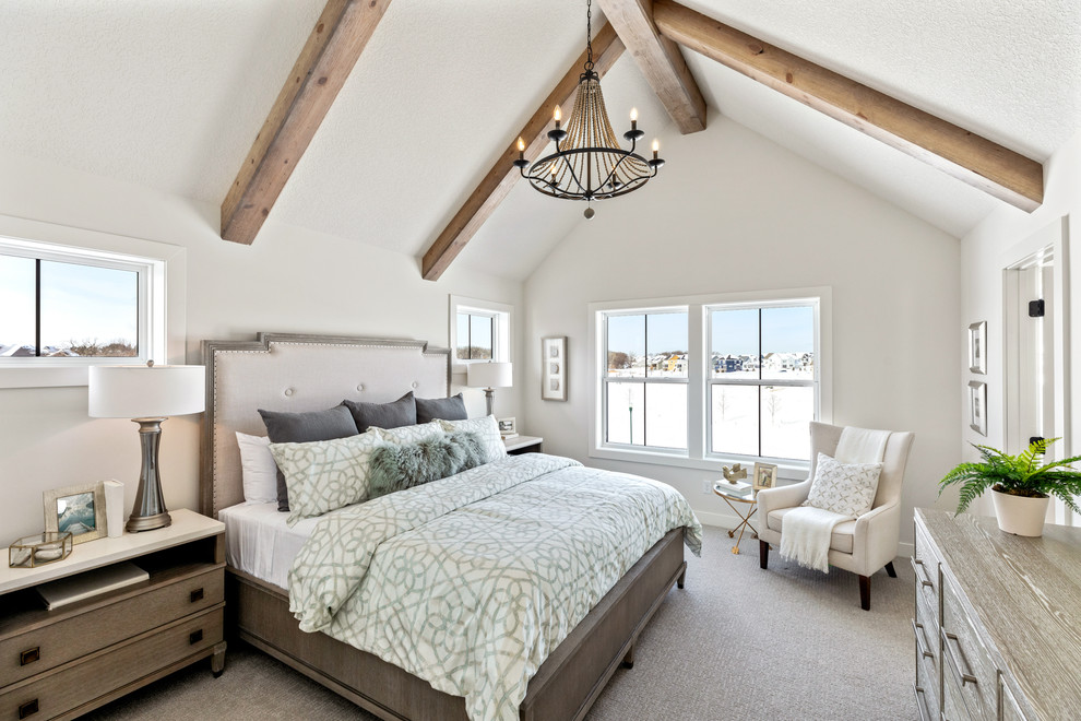 This is an example of a transitional bedroom in Minneapolis with beige walls, carpet and grey floor.
