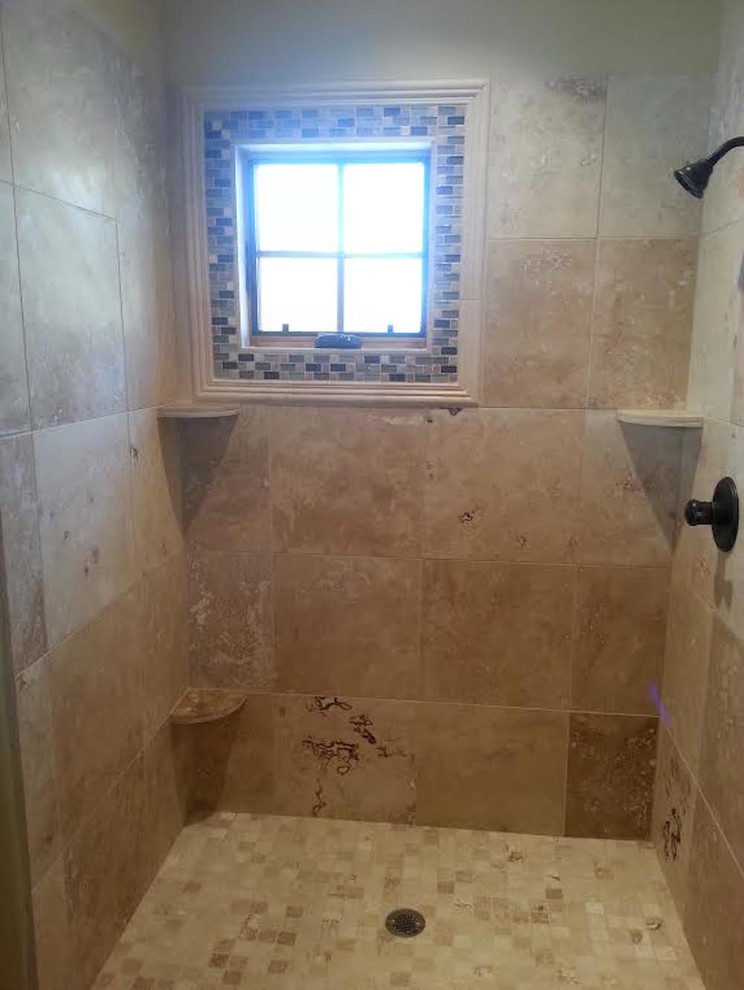 Inspiration for a transitional beige tile and porcelain tile alcove shower remodel in Denver with a two-piece toilet and yellow walls