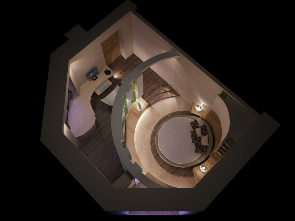 Спальная с круглой кроватью и рабочим кабинетом