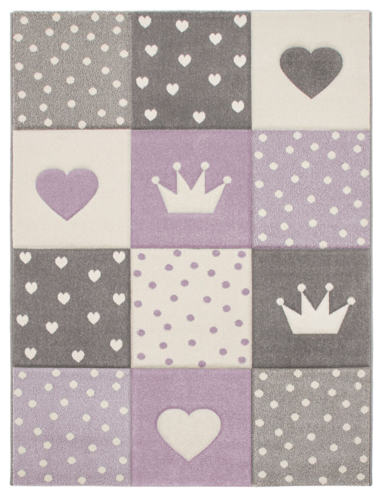 Kids Rug Checkered With Hearts and Crowns, Purple, 7'10"x11'2"