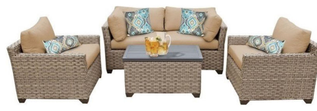TK Classics Monterey 5 Piece Wicker Sofa Set with Wheat Beige Cushions