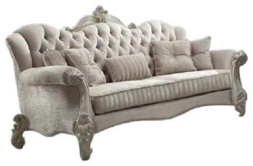 Acme Versailles Sofa With 5 Pillows Ivory Velvet And Bone White