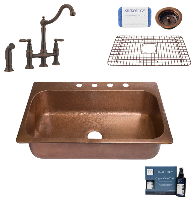 Angelico 33" Drop-in Copper Kitchen Sink, Bridge Faucet and Strainer Drain