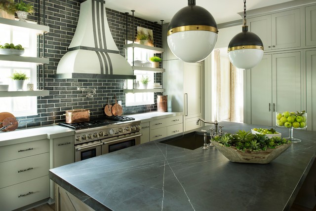 Pietra Grey Honed Marble Island Transitional Kitchen Atlanta