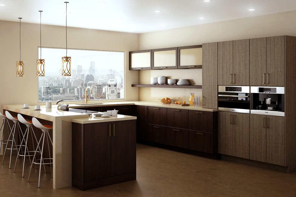 Example of a mid-sized trendy u-shaped cork floor and brown floor eat-in kitchen design in New York with an undermount sink, dark wood cabinets, solid surface countertops, beige backsplash, glass sheet backsplash, stainless steel appliances, a peninsula and flat-panel cabinets