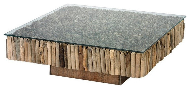Melika Coffee Table, Natural Wood, Driftwood, 12mm Tempered Glass Top
