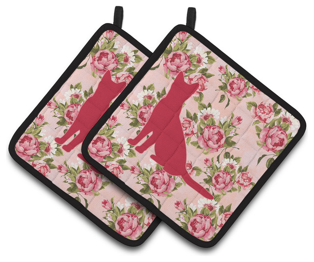Cat Shabby Chic Pink Roses Pot Holders, Set of 2 Contemporary Oven