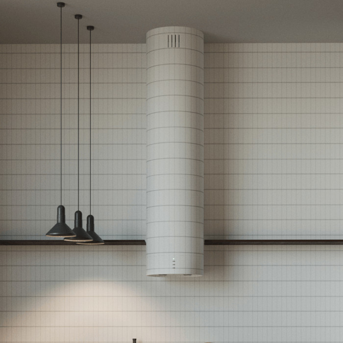 Idee per una cucina contemporanea di medie dimensioni con paraspruzzi bianco, paraspruzzi con piastrelle in ceramica, parquet chiaro e penisola