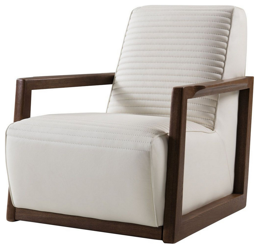Horizontally Stitched Leather Accent Chair With Wooden Arms,White And