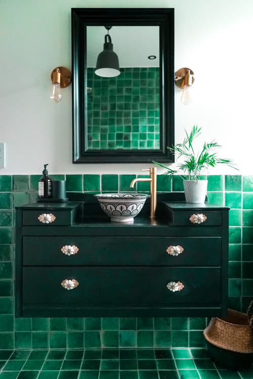 Green Square Tile Backsplash with Dark Vanity and Patterned Vessel Sink