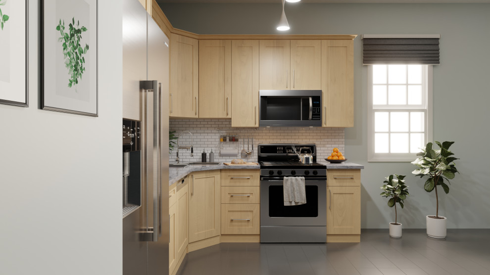 Kitchen - mid-sized transitional l-shaped kitchen idea in DC Metro with shaker cabinets, light wood cabinets and no island