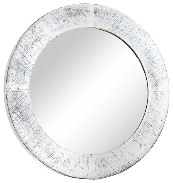 Round Antiqued White Wooden Framed Wall Mirror Farmhouse Wall