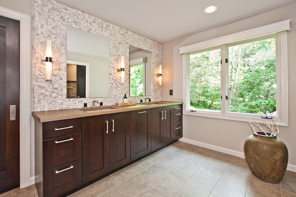 Design ideas for a large modern master bathroom in Nashville with shaker cabinets, dark wood cabinets, an alcove shower, a one-piece toilet, gray tile, porcelain tile, grey walls, porcelain floors, an undermount sink, engineered quartz benchtops, beige floor, an open shower and beige benchtops.