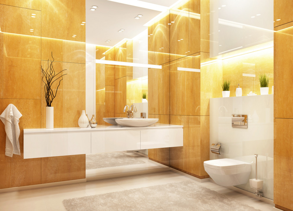 Design ideas for a large modern master bathroom in Malaga with flat-panel cabinets, white cabinets, a freestanding tub, a curbless shower, a wall-mount toilet, brown walls, porcelain floors, a vessel sink, engineered quartz benchtops, beige floor, a hinged shower door and white benchtops.