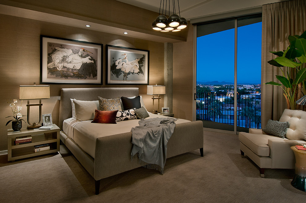 Design ideas for a contemporary master bedroom in Phoenix with beige walls, carpet and no fireplace.
