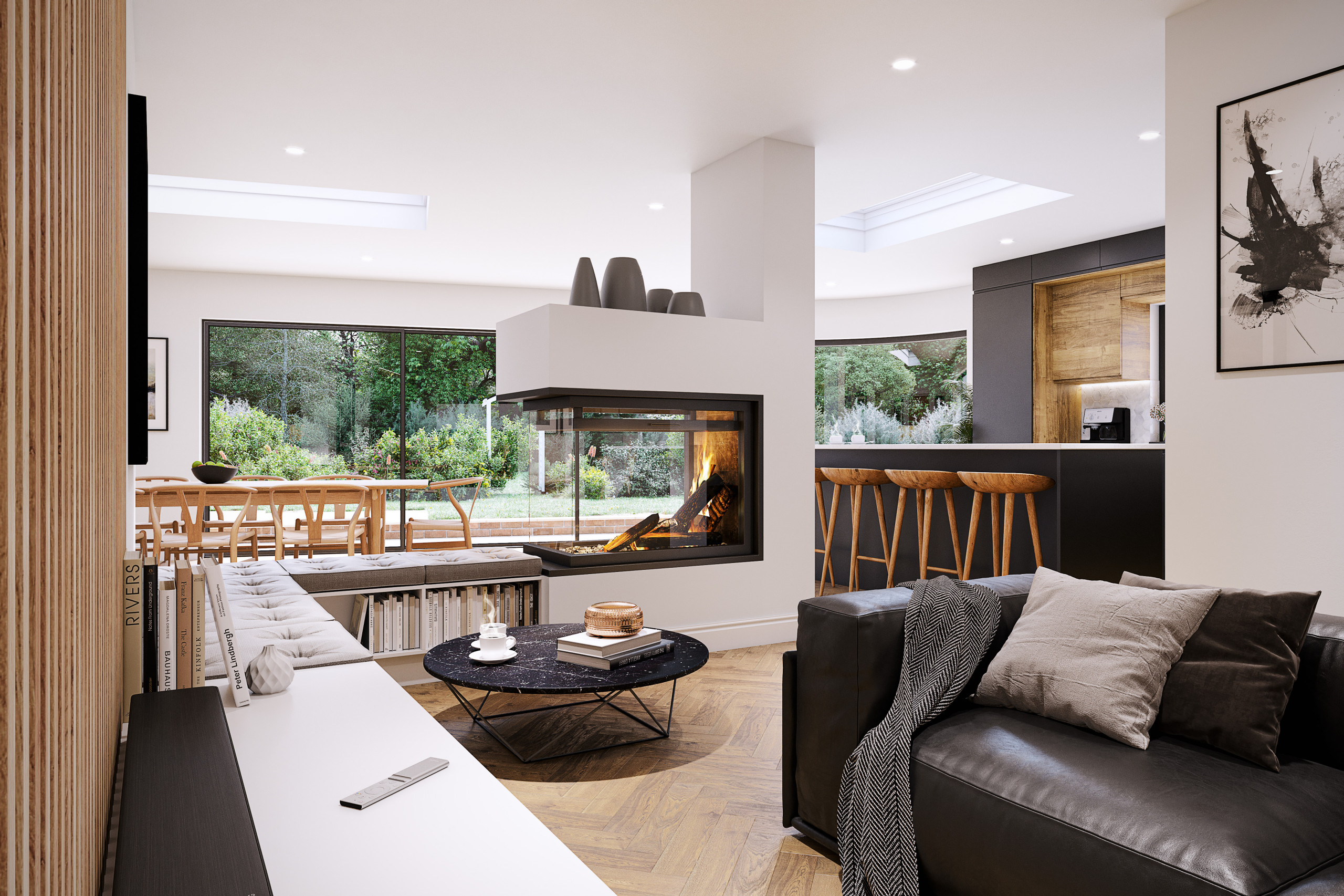 View of feature fire and open-plan living space