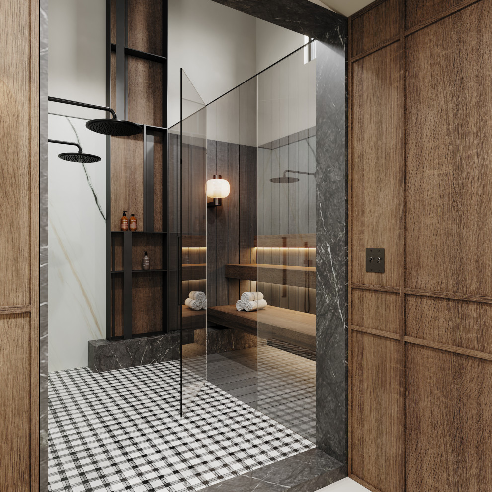 Inredning av ett modernt badrum, med en dusch/badkar-kombination, marmorkakel, mosaikgolv, flerfärgat golv och dusch med gångjärnsdörr