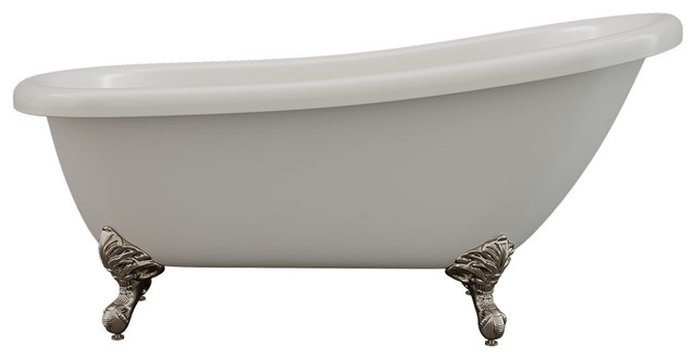 67" Slipper Tub Clawfoot Tub, "Miller" Without Holes, Brushed Nickel Feet