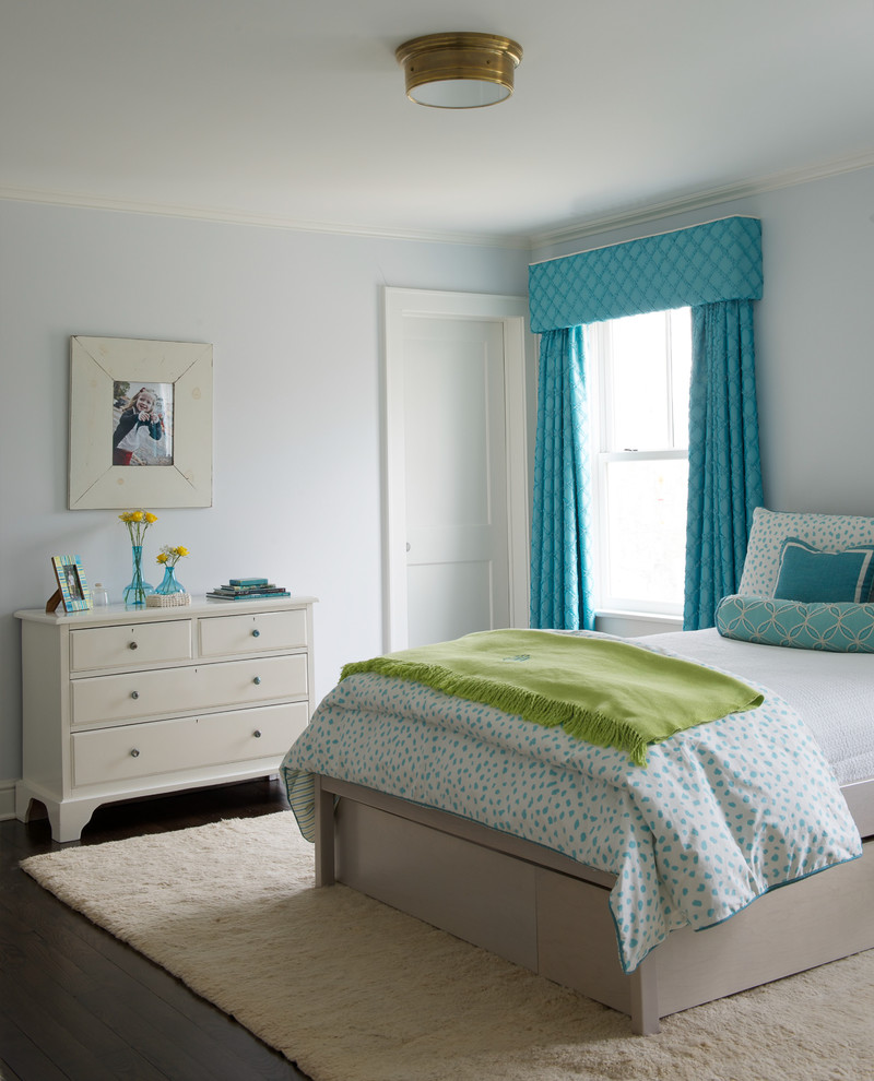 Inspiration for a mid-sized transitional kids' bedroom for kids 4-10 years old and girls in DC Metro with grey walls, dark hardwood floors and brown floor.