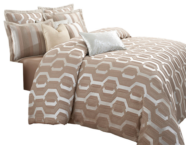 Aico Bedding Como 9 Piece Queen Comforter Set Taupe Midcentury