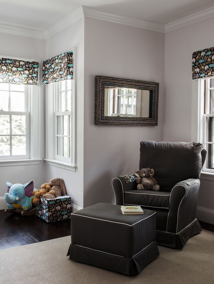 Playroom - mid-sized traditional gender-neutral dark wood floor playroom idea in Boston with gray walls