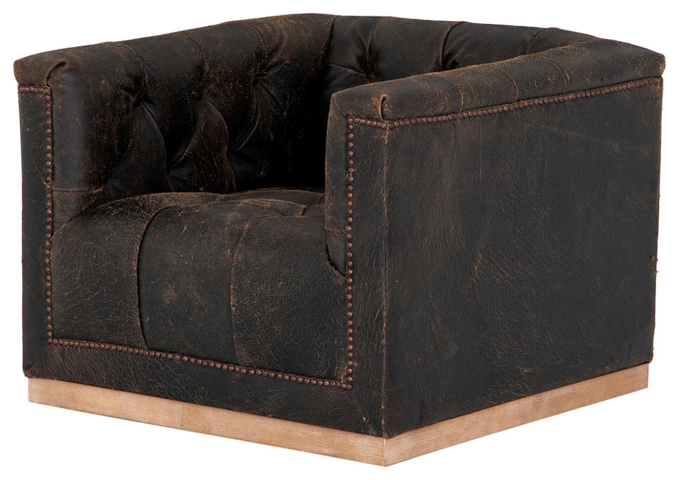 Maxx Distressed Black Leather Swivel Club Chair