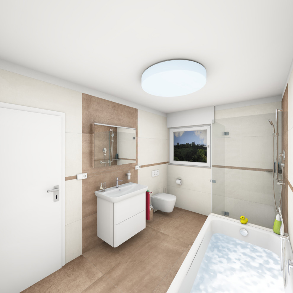 Badezimmer En Suite With Kassettenfronten, weißen Schränken, freistehender Badewanne, bodengleicher Dusche, Wandtoilette, weißen Fliesen, Porzellanfliesen, weißer Wandfarbe, Terrakottaboden, Aufsatzwaschbecken, Mineralwerkstoff-Waschtisch, braunem Boden, Falttür-Duschabtrennung, weißer Waschtischplatte, Einzelwaschbecken and schwebendem Waschtisch