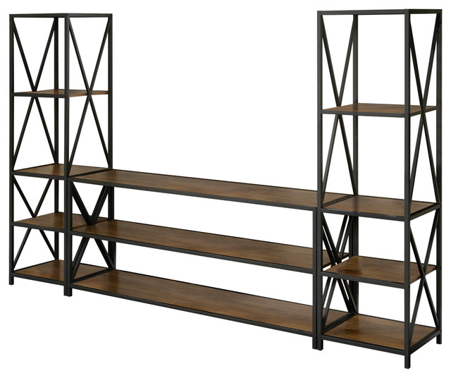 3 Piece Industrial Bookcase Set, Starmore 76 Bookcase Brown Leather