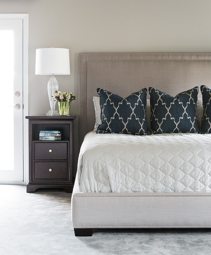 Design ideas for a large transitional master bedroom in Kansas City with grey walls and carpet.