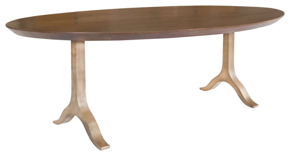 Oval Walnut and Antique Gold Dining Table Transitional Dining