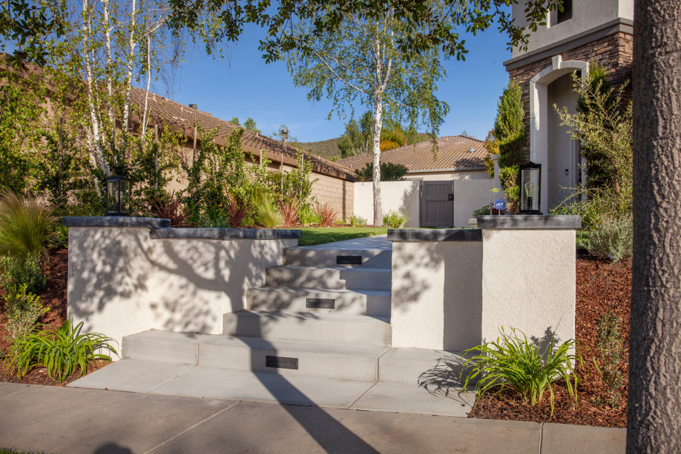 Idee per un giardino xeriscape minimalista esposto in pieno sole di medie dimensioni e davanti casa in primavera con un muro di contenimento e recinzione in pietra