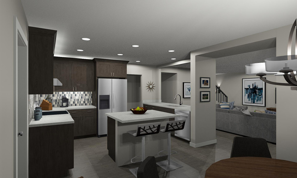 Inspiration for a mid-sized transitional porcelain tile and gray floor kitchen remodel in Phoenix with an undermount sink, shaker cabinets, black cabinets, quartz countertops, gray backsplash, glass tile backsplash, stainless steel appliances, an island and white countertops