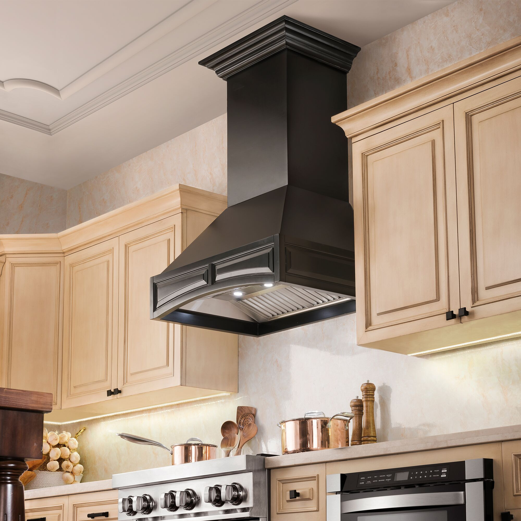 Kitchens featuring a ZLINE Wooden Wall Range Hood