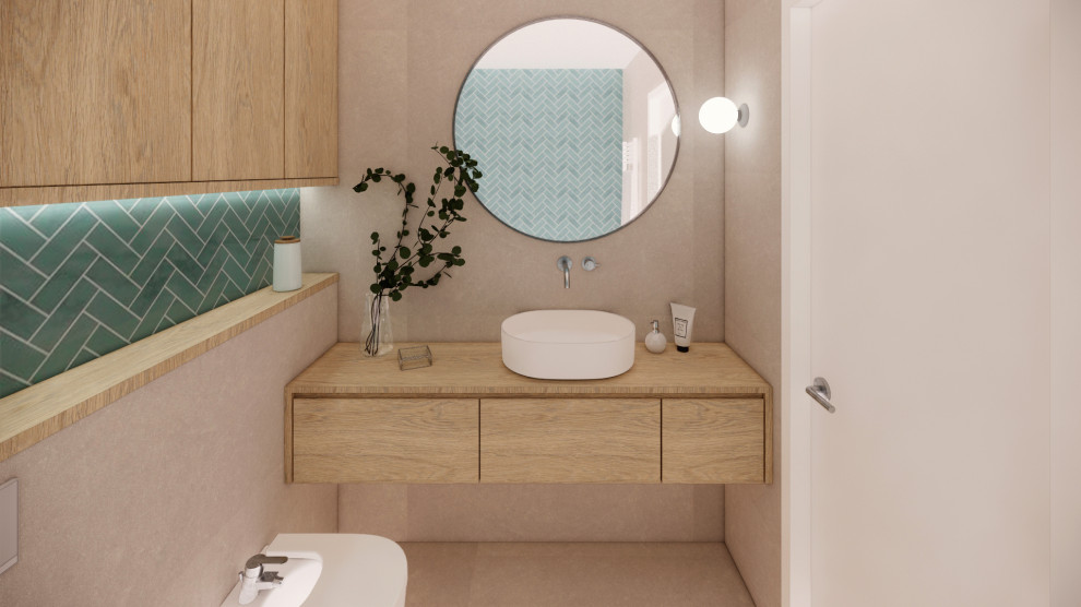Inspiration for a mid-sized modern master bathroom in Barcelona with grey cabinets, an alcove tub, a bidet, blue tile, ceramic floors, a vessel sink, laminate benchtops, grey floor, a single vanity and a built-in vanity.