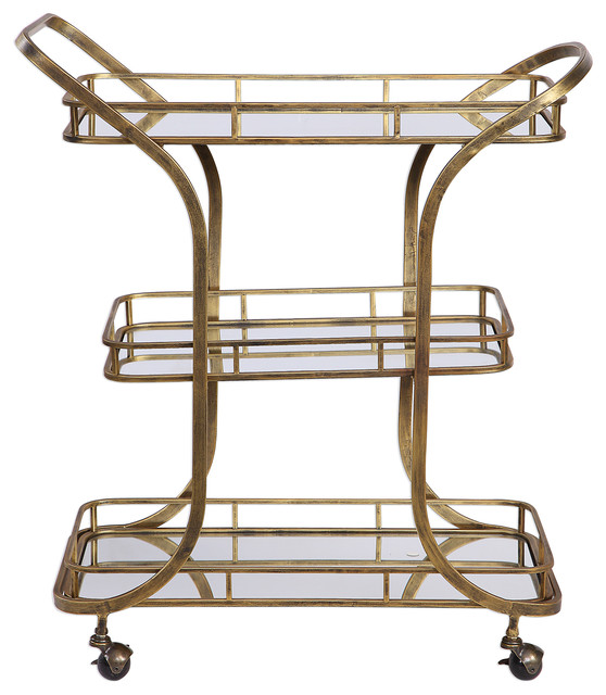 Retro Mid Century Tiered Gold Serving Bar Cart Mirrored Shelves