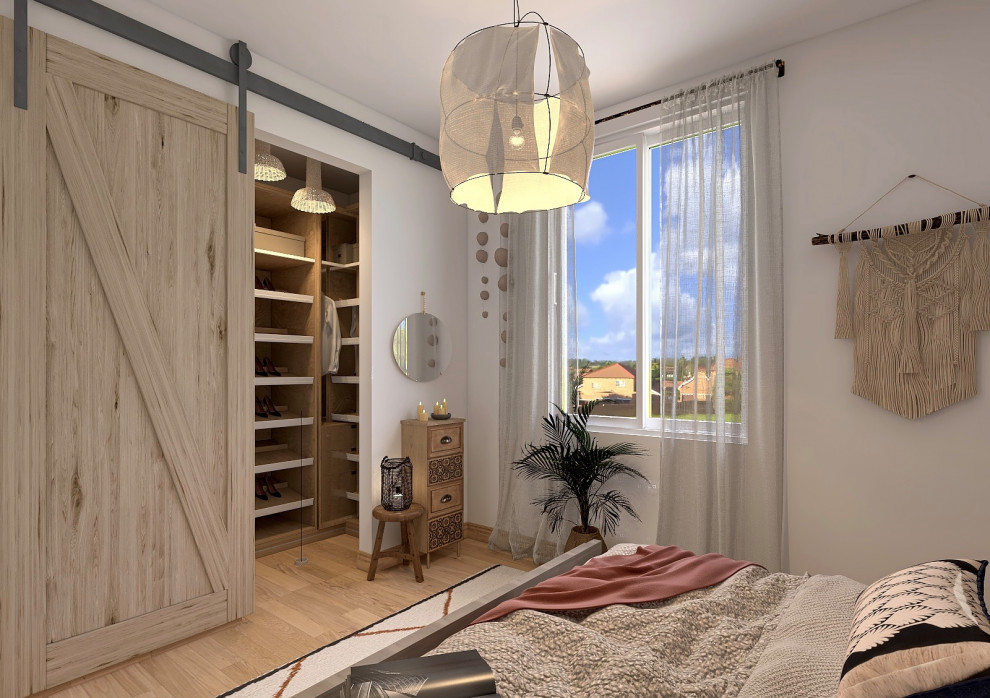 Источник вдохновения для домашнего уюта: хозяйская спальня среднего размера в морском стиле с бежевыми стенами, светлым паркетным полом и бежевым полом