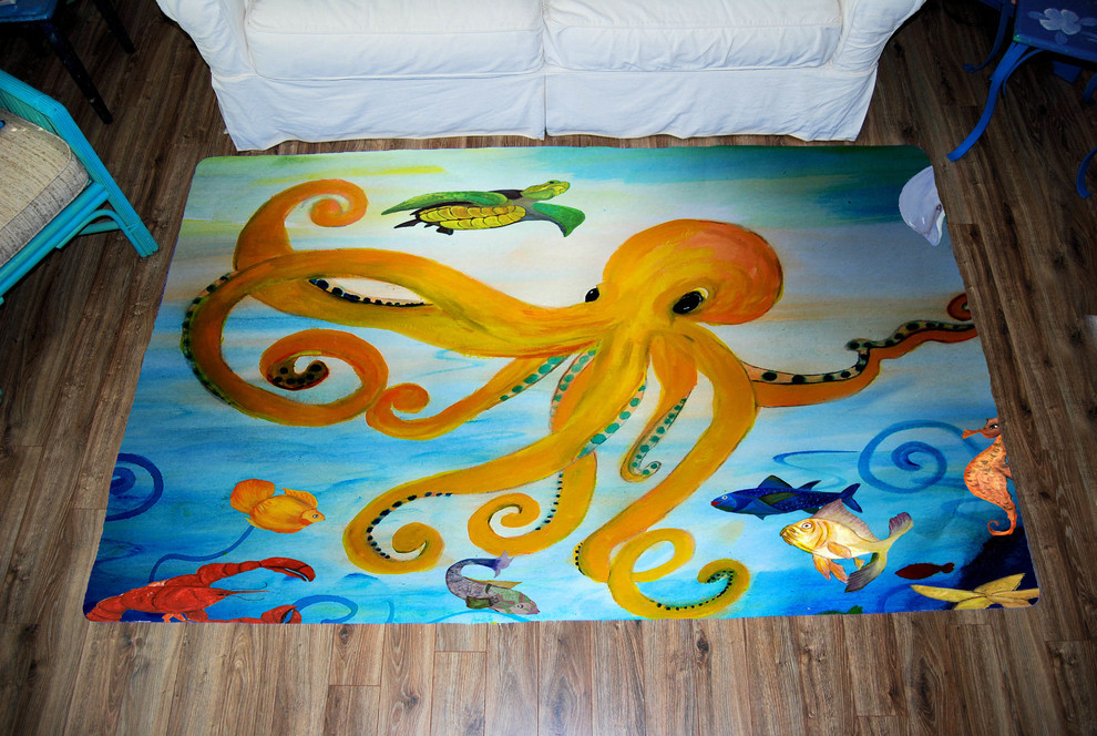 Sea Life Area Rug From My Art, Yellow Octopus, 48"x30" Beach Style