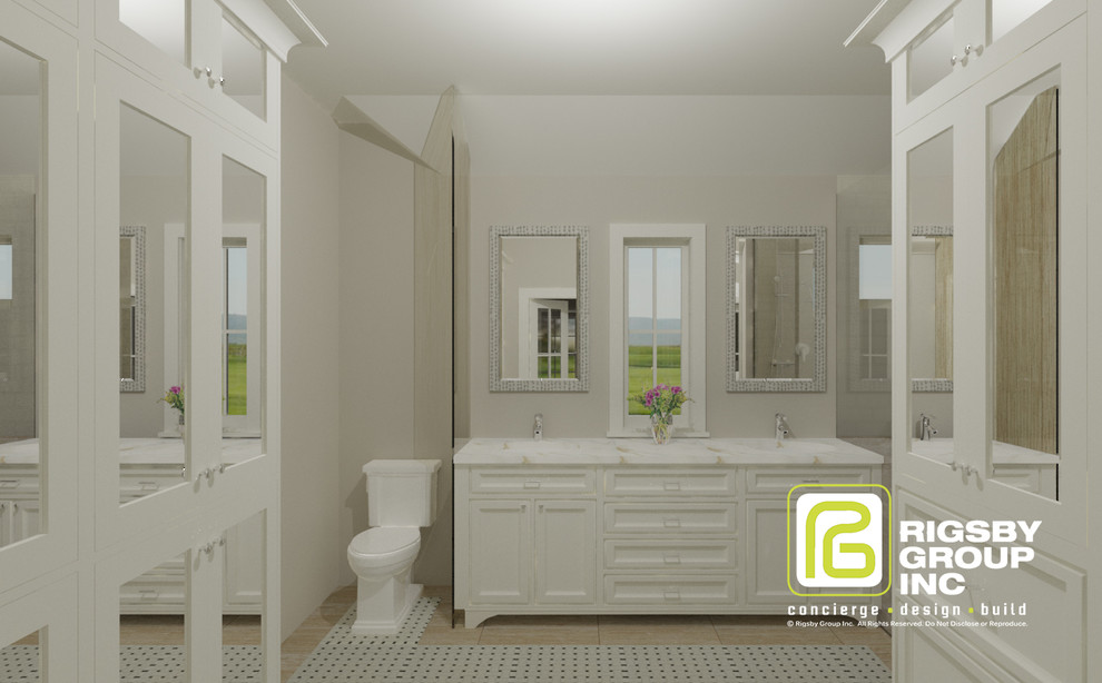 Inspiration for a transitional master multicolored tile and ceramic tile alcove shower remodel in Milwaukee with an integrated sink, furniture-like cabinets, beige cabinets, marble countertops, a one-piece toilet and beige walls