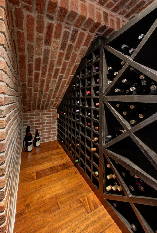 Mid-sized transitional wine cellar in Denver with dark hardwood floors and brown floor.