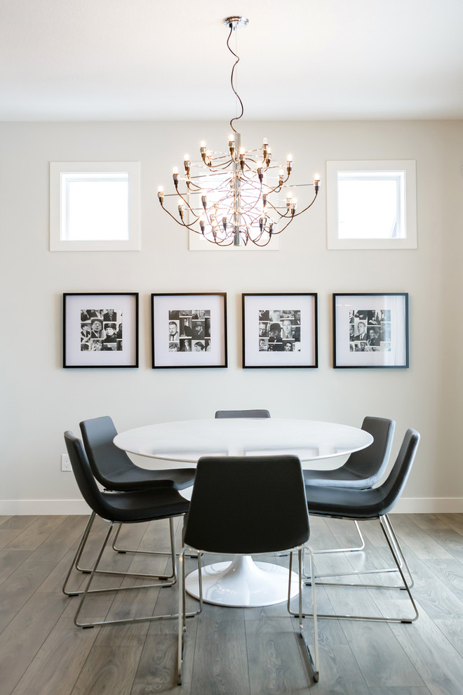 Photo of a modern dining room in Calgary with white walls and medium hardwood floors.