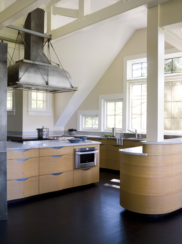 Design ideas for an industrial kitchen in New York with stainless steel appliances.