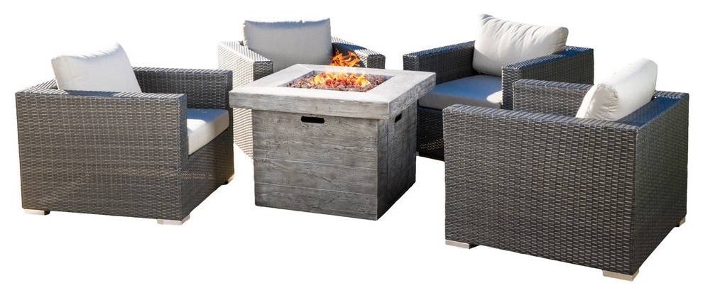 GDF Studio 5-Piece Soleil Outdoor Wicker Club Chairset, Cushions, 32" Fire Pit