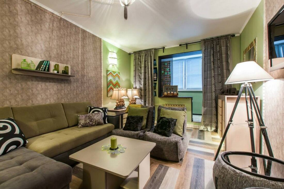 Foto på ett mellanstort funkis separat vardagsrum, med ett finrum, gröna väggar, vinylgolv och flerfärgat golv