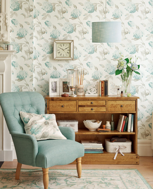 Hydrangea Duck Egg Wallpaper Contemporary Living Room