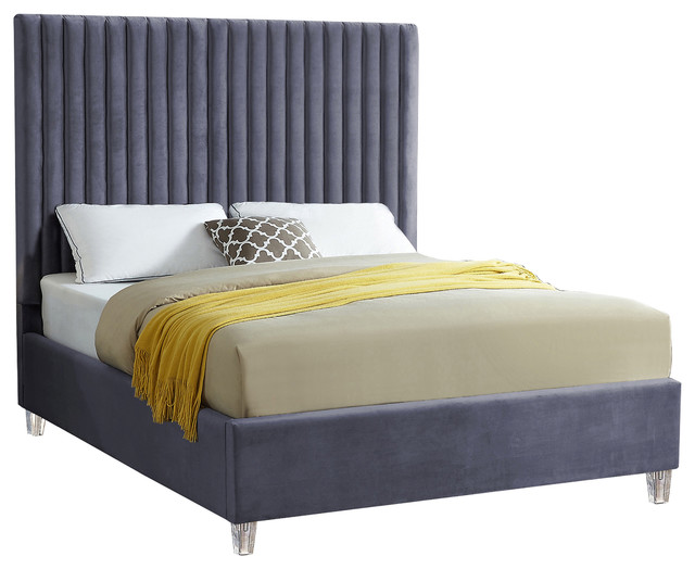 Candace Velvet Upholstered Bed, Gray, Queen