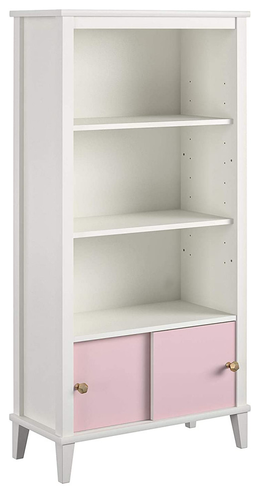 Modern Bookcase, MDF Construction With 3 Open Shelves & 2 Sliding Doors